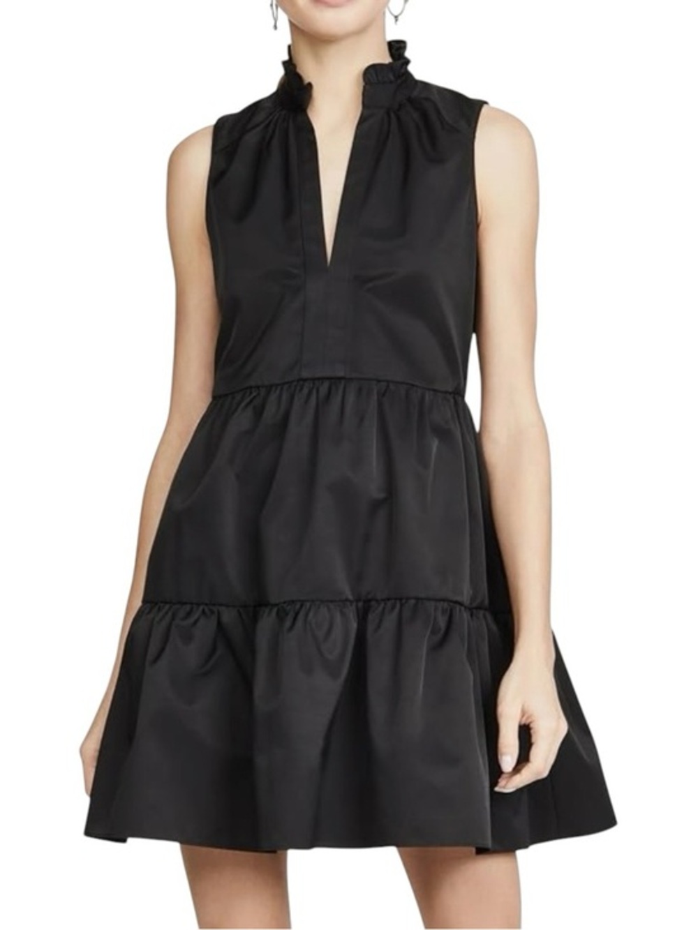 Amanda Uprichard Saffron Black Tiered Mini Dress Ruffle Neck Pockets Size S